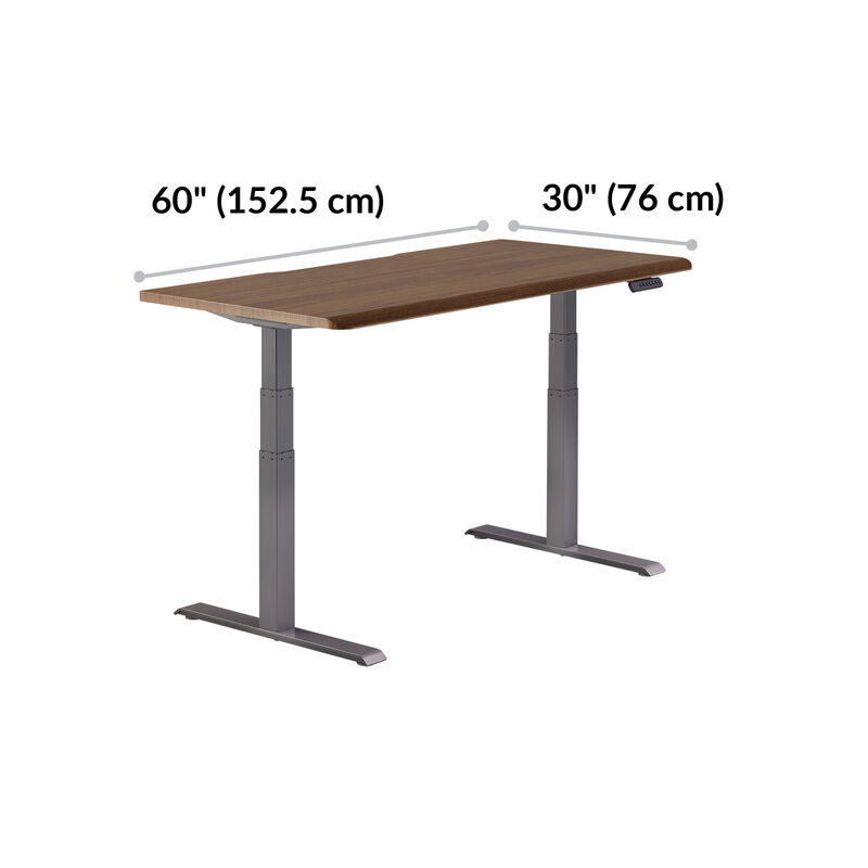 Walnut electric standing desk with gray frame on a white background, with dimension lines showing the desktop is sixty inches wide and thirty inches deep. image number null